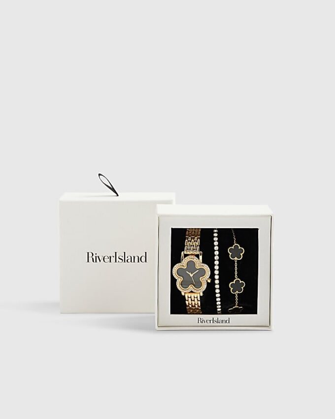 Armbandsset med guldklocka med blommönster