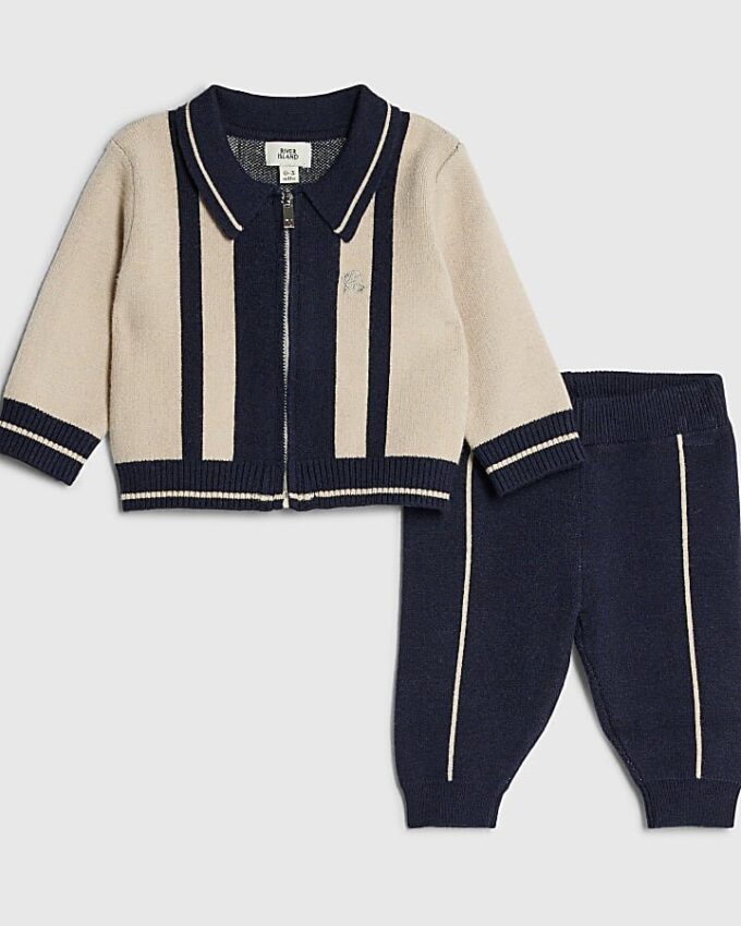 Baby Boys Cream Blocked Zip Through Knit Set Baby Boys Cream Blocked Zip Through Knit Set