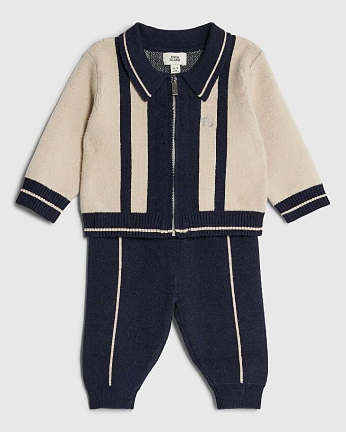 Baby Boys Cream Blocked Zip Through Knit Set Baby Boys Cream Blocked Zip Through Knit Set