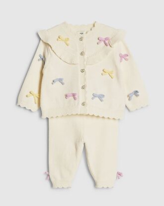 Baby Girls Cream Bow 3D Cardigan Knit Set