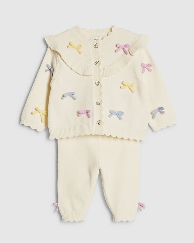 Baby Girls Cream Bow 3D Cardigan Knit Set