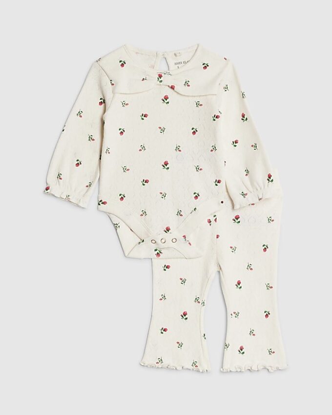 Babyflickor krämfärgat bodysuit-set med blommönster