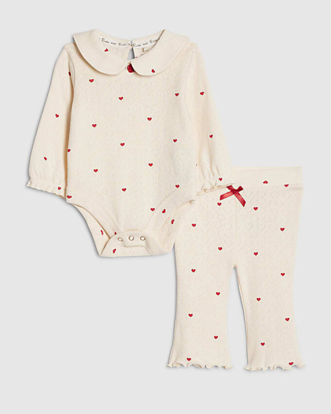 Babyflickor Krämfärgat bodysuit-set med hjärtan