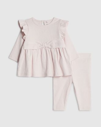 Babyflickor Krämfärgat ribbat set med rosett