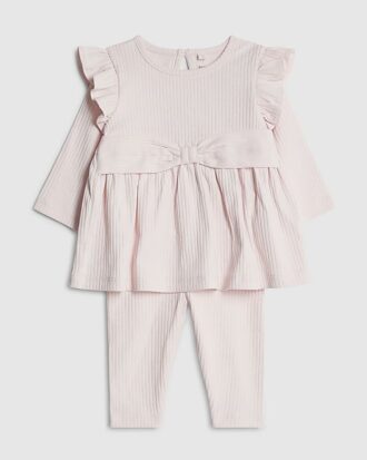 Babyflickor Krämfärgat ribbat set med rosett