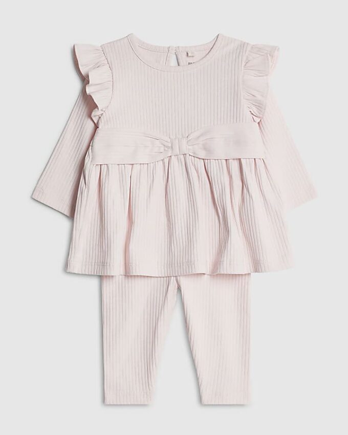 Babyflickor Krämfärgat ribbat set med rosett