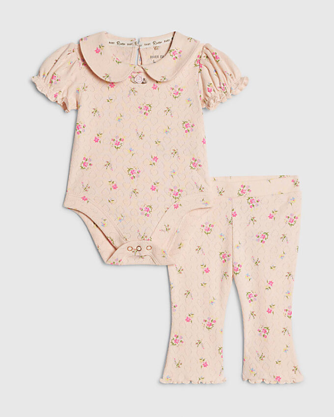 Babyflickor rosa pointelle blommig romper-set Babyflickor rosa pointelle blommig romper-set