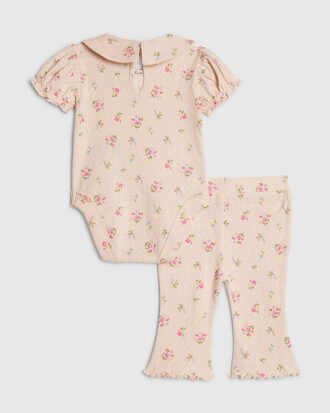 Babyflickor rosa pointelle blommig romper-set