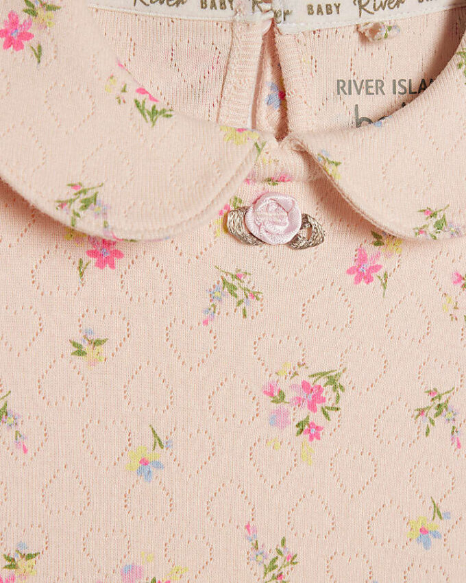 Babyflickor rosa pointelle blommig romper-set Babyflickor rosa pointelle blommig romper-set