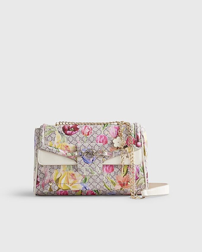 Beige axelväska med blommigt monogramtryck
