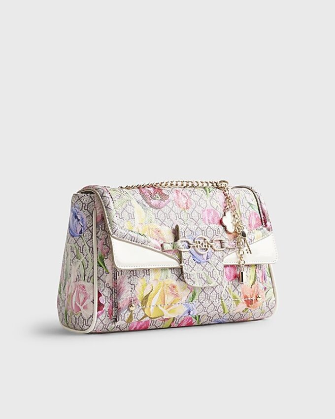 Beige axelväska med blommigt monogramtryck