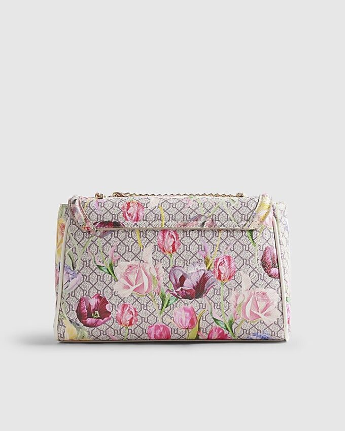 Beige axelväska med blommigt monogramtryck