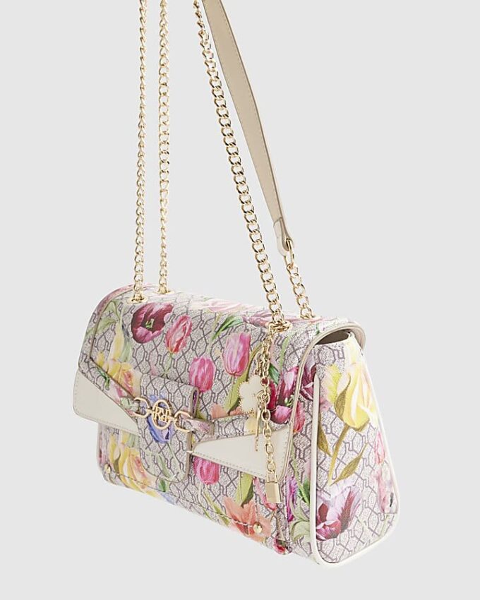 Beige axelväska med blommigt monogramtryck