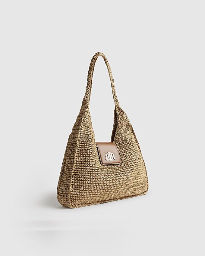 Beige axelväska med flik framtill i raffia
