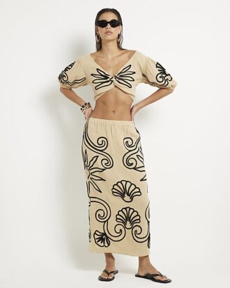 Beige broderad maxikjol för stranden