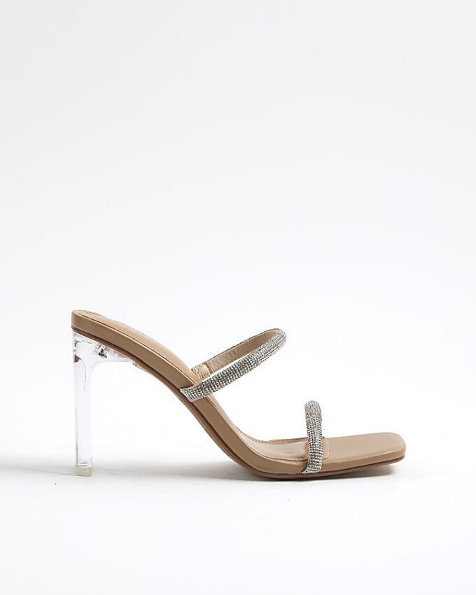 Beige diamantprydda mules med dubbla remmar och klack