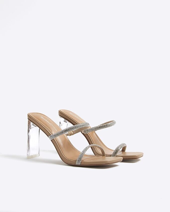 Beige diamantprydda mules med dubbla remmar och klack