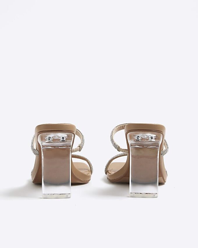 Beige diamantprydda mules med dubbla remmar och klack