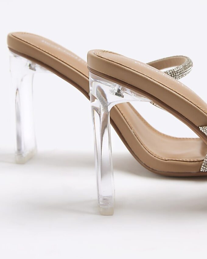 Beige diamantprydda mules med dubbla remmar och klack