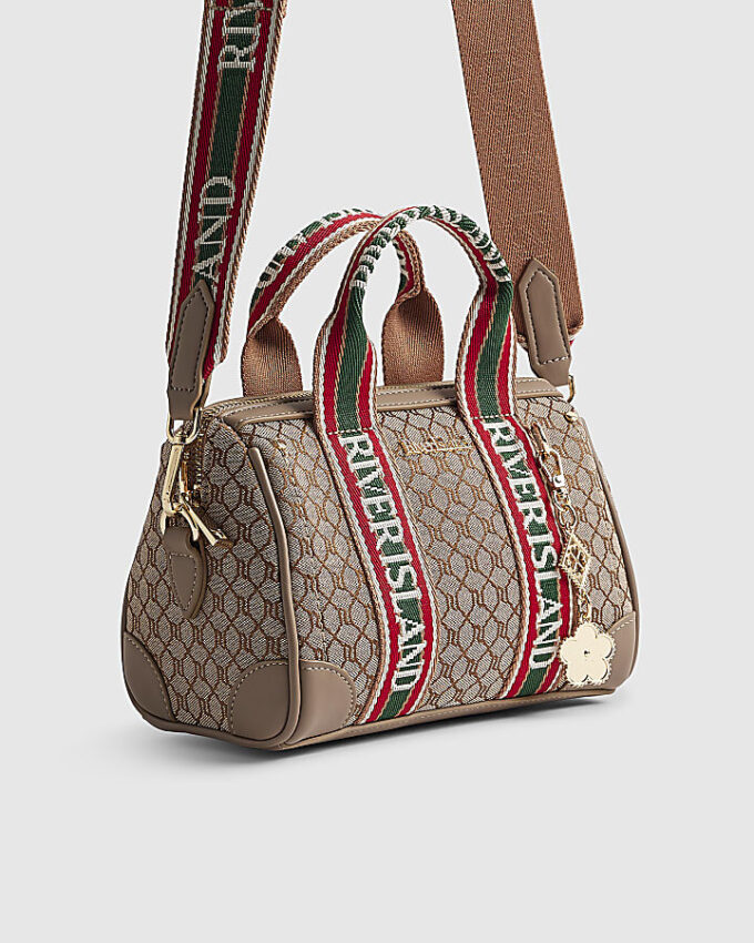 Beige jacquardmonogram-bowlerväska