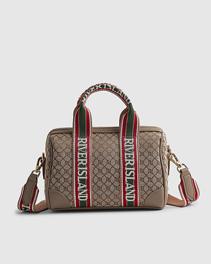 Beige jacquardmonogram-bowlerväska