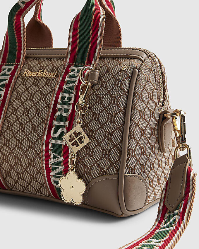 Beige jacquardmonogram-bowlerväska