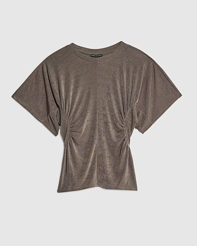 Beige kortärmad topp med rynkad midja