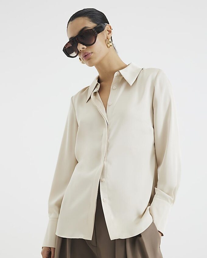 Beige långärmad slim fit-skjorta i satin