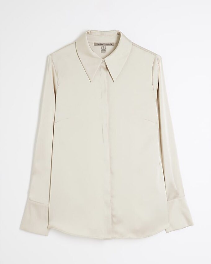Beige långärmad slim fit-skjorta i satin
