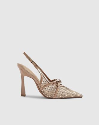 Beige mesh-sandaler med rosett och öppen häl