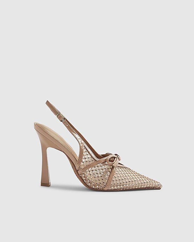 Beige mesh-sandaler med rosett och öppen häl