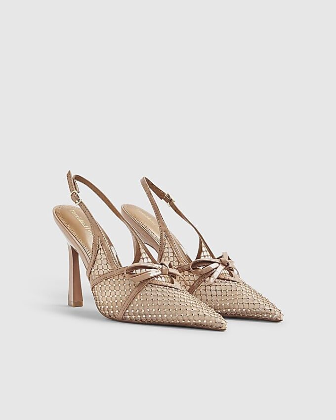 Beige mesh-sandaler med rosett och öppen häl