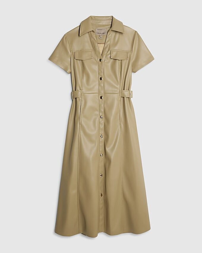 Beige midilång skjortklänning i konstläder