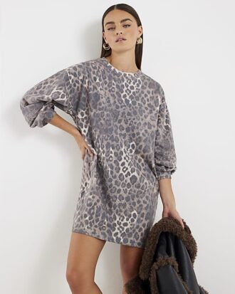 Beige miniklänning i sweatshirt med leopardmönster