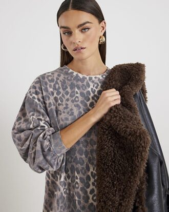 Beige miniklänning i sweatshirt med leopardmönster
