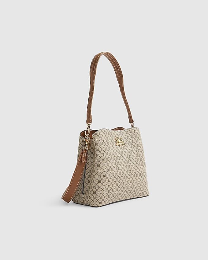 Beige monogramtryckt hinkväska