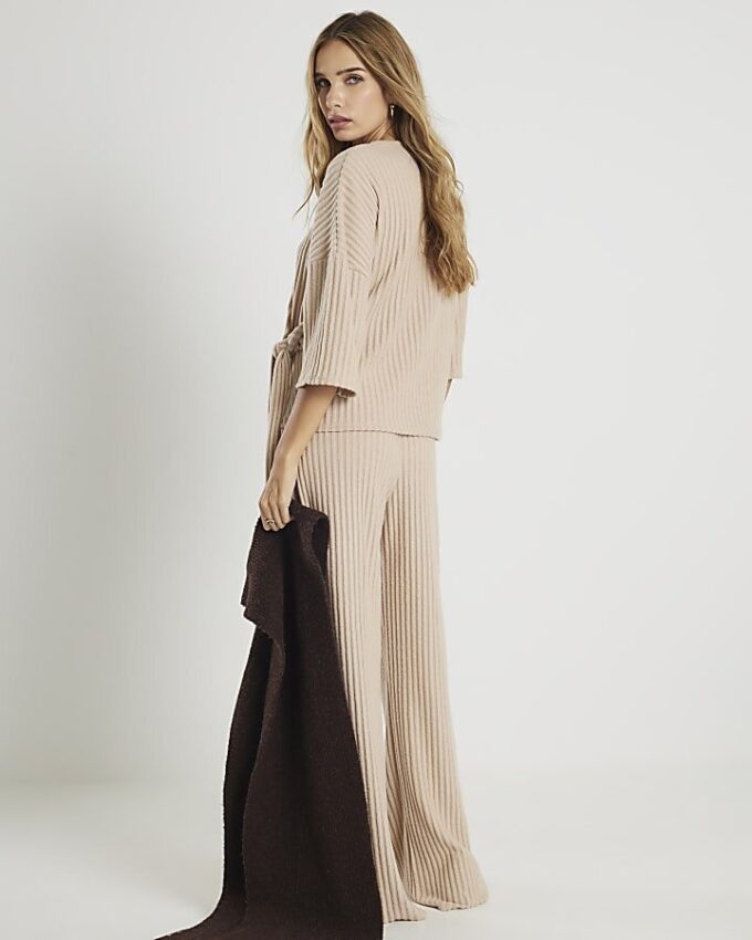 Beige Mysiga ribbade byxor med vida ben