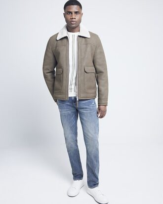 Beige nubuckjacka med normal passform