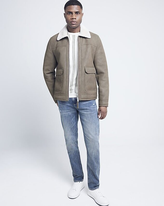 Beige nubuckjacka med normal passform