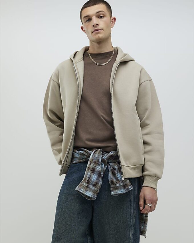 Beige oversized hoodie med dragkedja