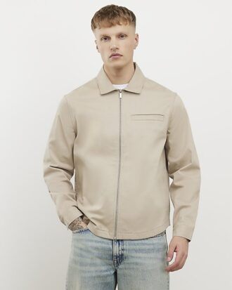 Beige overskjorta med normal passform, rundad fåll och dragkedja