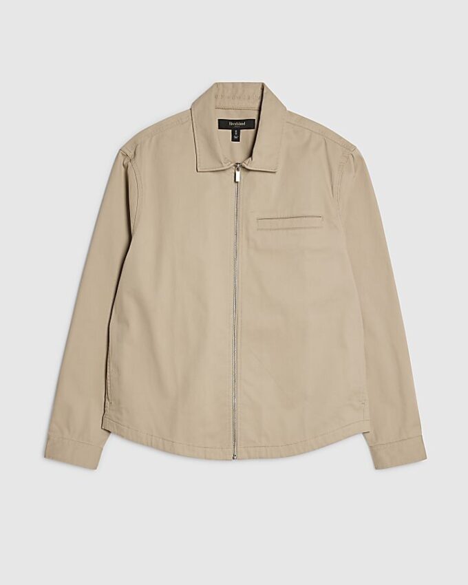 Beige overskjorta med normal passform, rundad fåll och dragkedja