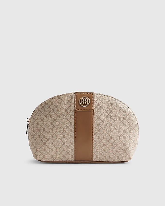 Beige randig sminkväska med monogram
