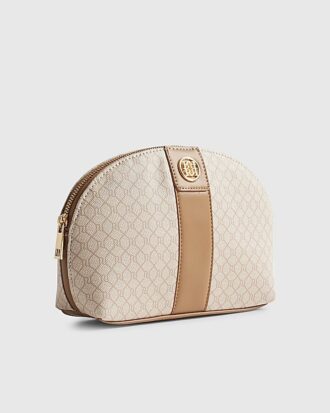 Beige randig sminkväska med monogram