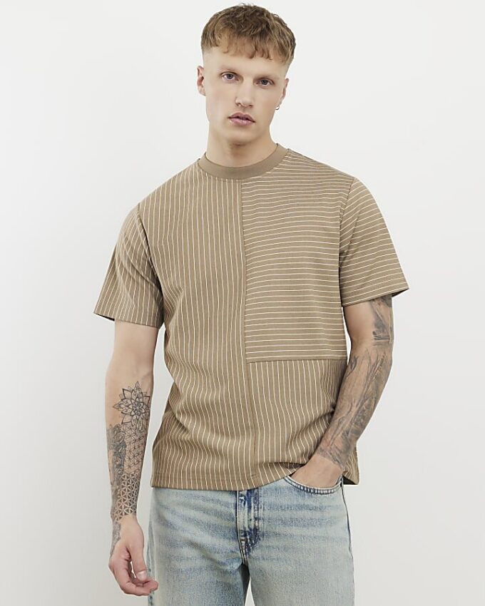 Beige Regular Fit Stripe T-shirt
