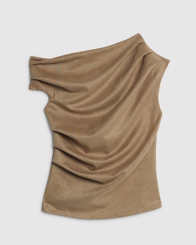 Beige ärmlös draperad topp i imitationsmocka