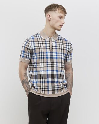 Beige slim fit-polotröja med rutig krage