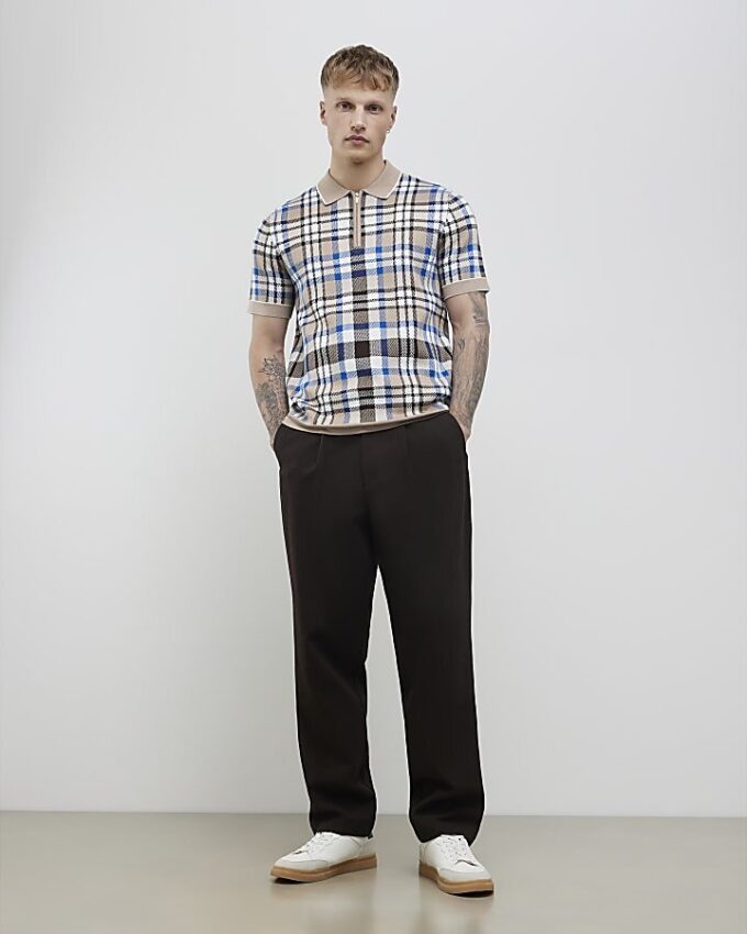 Beige slim fit-polotröja med rutig krage
