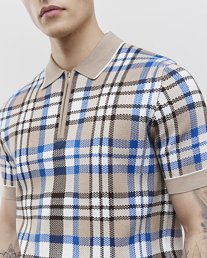 Beige slim fit-polotröja med rutig krage