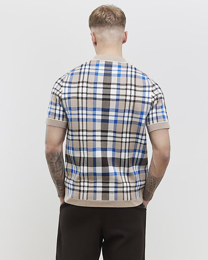 Beige slim fit-polotröja med rutig krage